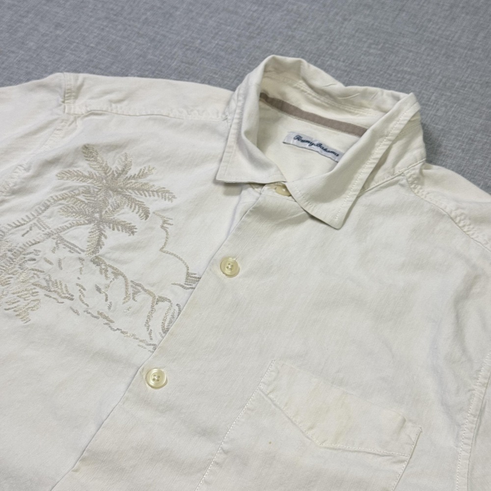Tommy Bahama Hawaiian Button-Up Shirt Mens XL Beige‎ Short Sleeve Silk Polyester